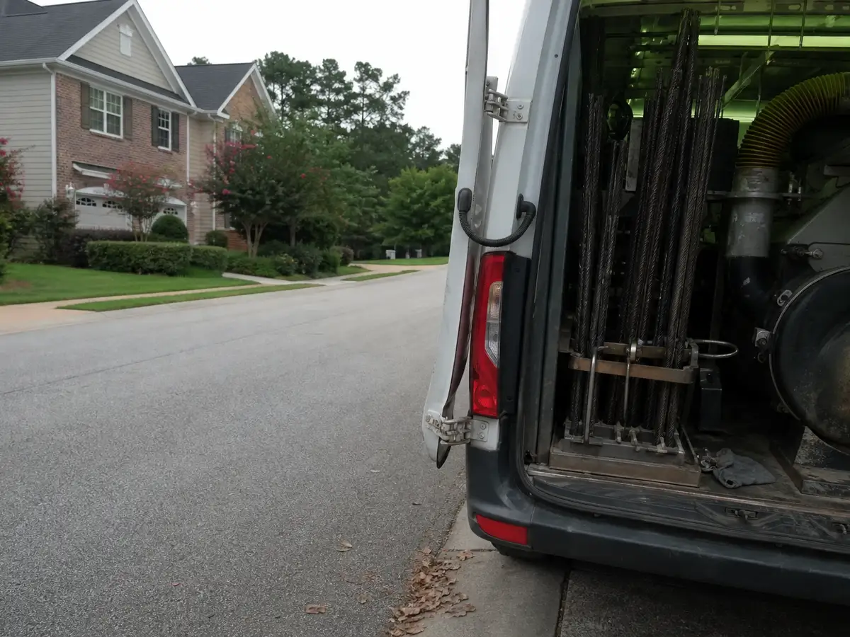 Service van arriving on a Houston, TX street — local same-day coverage